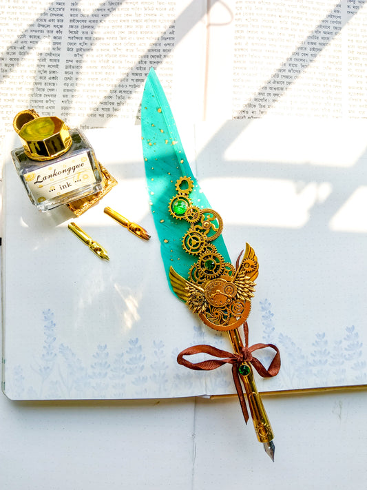 FPS-10098 | Vintage Feather Calligraphy Pen & Ink Set | Feather Pen 1 | Replacement Nibs 5 |Pen Holder 1 | Ink bottle 1 |