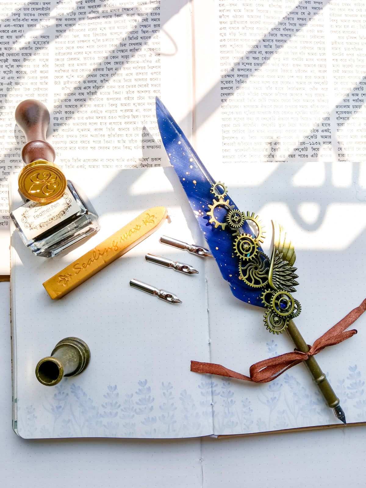 FPS-101910 | Vintage Feather Calligraphy Pen & Ink Set | Feather Pen 1 | Replacement Nibs 5 |Sealant Stamp Handle 1 | Lacquer Sealant Wax 1 | Pen Holder 1 | Ink bottle 1 |
