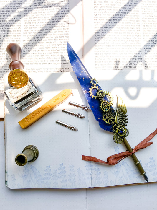 FPS-101910 | Vintage Feather Calligraphy Pen & Ink Set | Feather Pen 1 | Replacement Nibs 5 |Sealant Stamp Handle 1 | Lacquer Sealant Wax 1 | Pen Holder 1 | Ink bottle 1 |