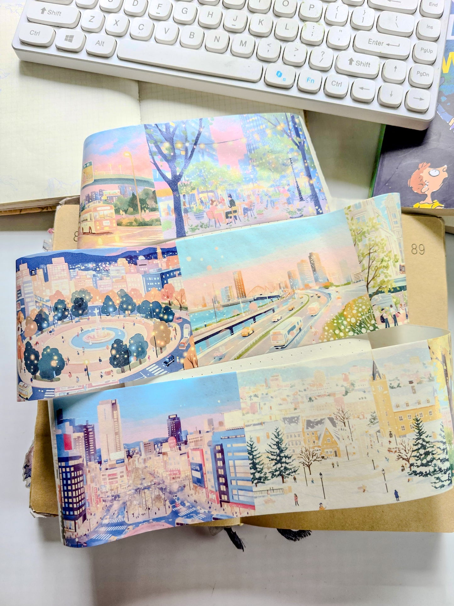 QQJG-202 | Dreamy City Scenery  washi tapes | The Tape Rolls Feature Aesthetic Landscape Designs Including A Iighthouse And Urban Scenes | 1pcs Roll
