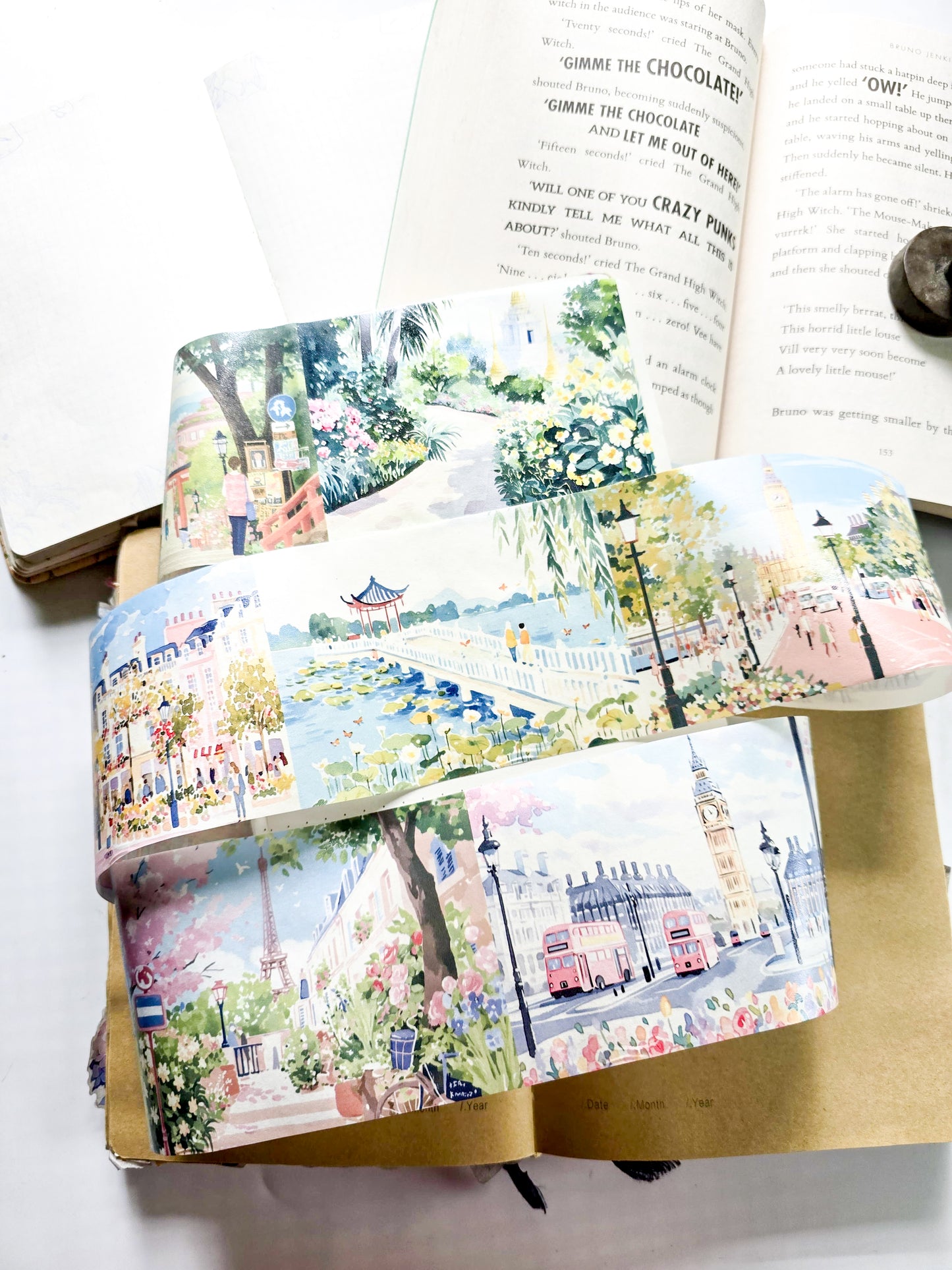 QQJG-202 | Dreamy City Scenery  washi tapes | The Tape Rolls Feature Aesthetic Landscape Designs Including A Iighthouse And Urban Scenes | 1pcs Roll