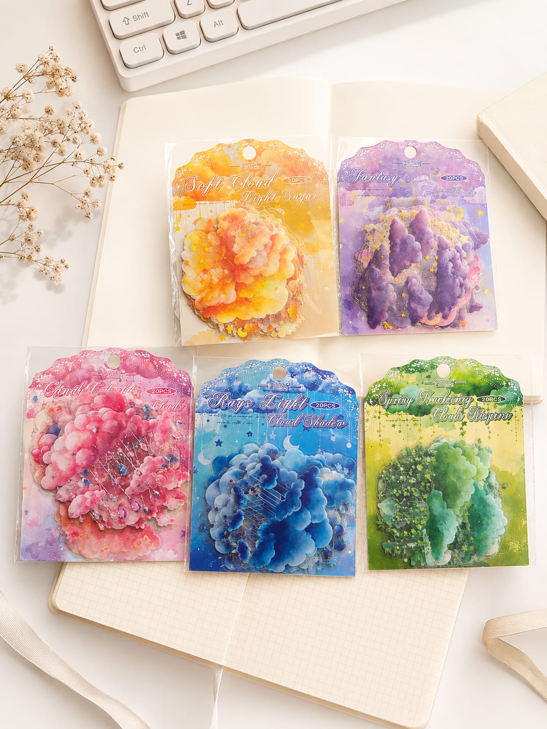 Korean-Style Decorative Stickers 20 Pcs |  From A "Starry Sky" Or Similar Series.They Are Designed For DIY Crafts, Journaling, And Scrapbooking| Featuring Aesthetic PET Cloud And Sky Imagery |