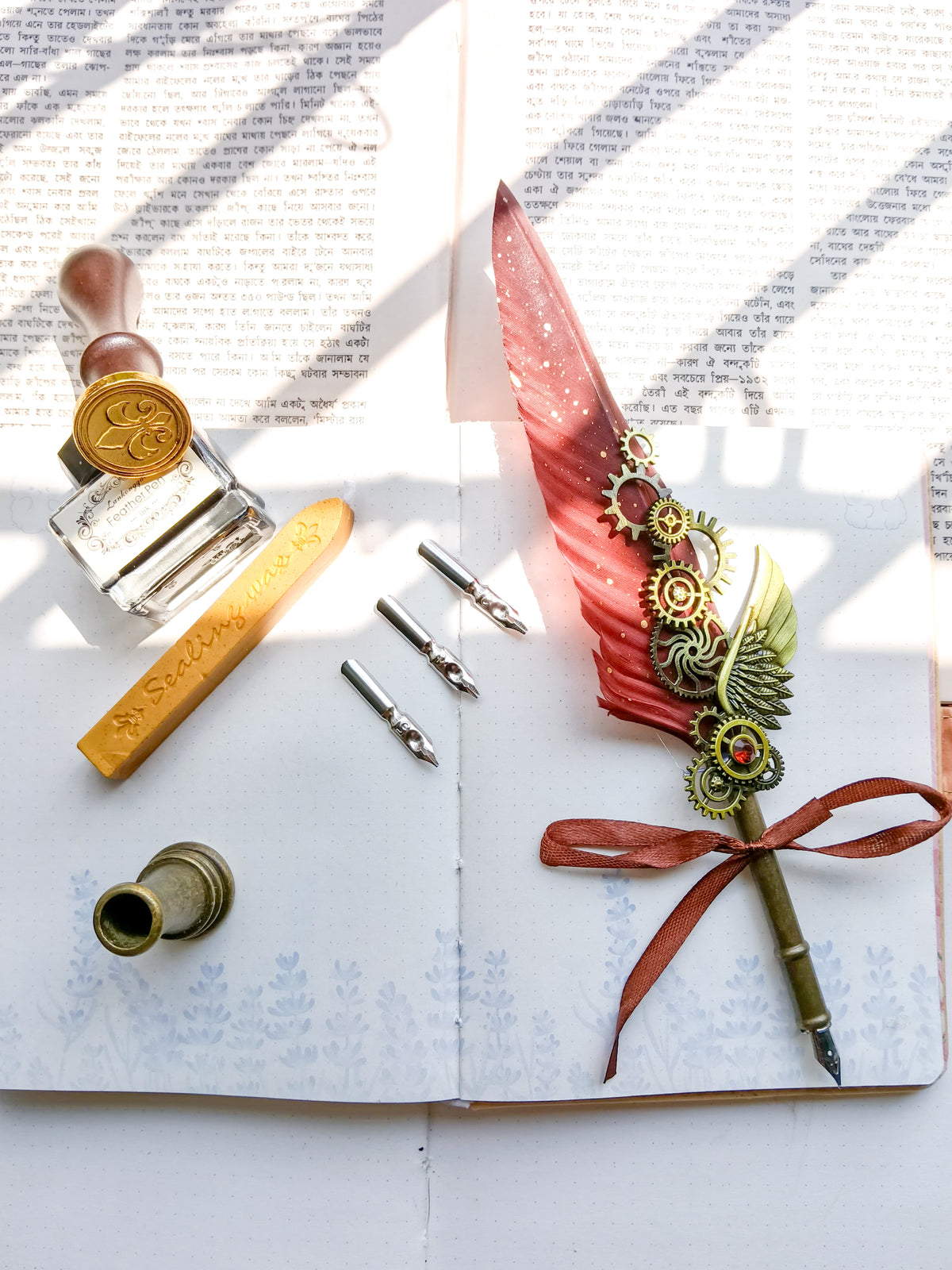 FPS-101910 | Vintage Feather Calligraphy Pen & Ink Set | Feather Pen 1 | Replacement Nibs 5 |Sealant Stamp Handle 1 | Lacquer Sealant Wax 1 | Pen Holder 1 | Ink bottle 1 |
