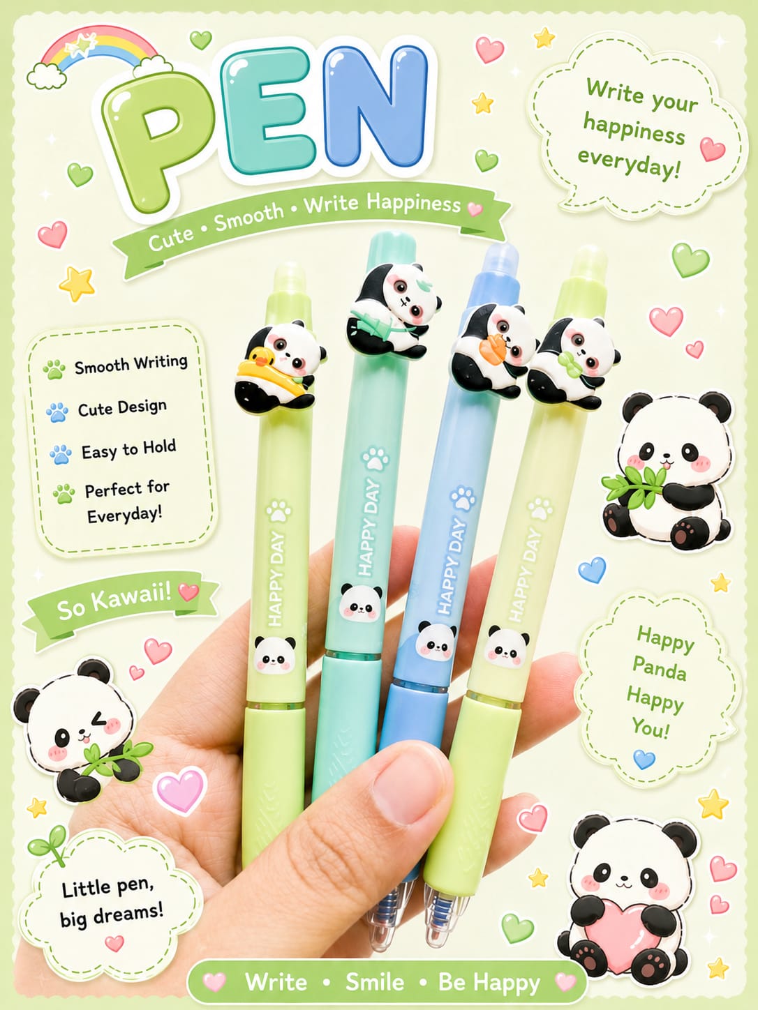 K9114 | 4Pcs | Kawaii Panda Erasable Gel Pen Set