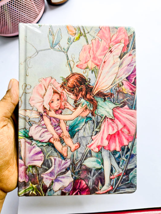 JZA5128-2557 |  Flower Fairies Notebook Features a Vibrant Illustration Titled The Sweet Pea Fairies By Cicely Mary Barker.