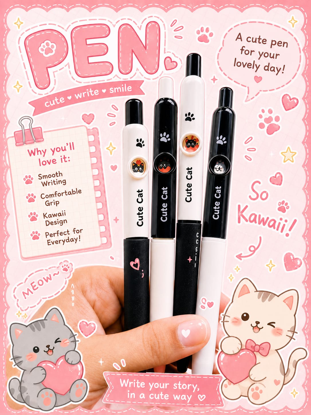 LTG21150 | 4Pcs Cute Cat Black white Pen |