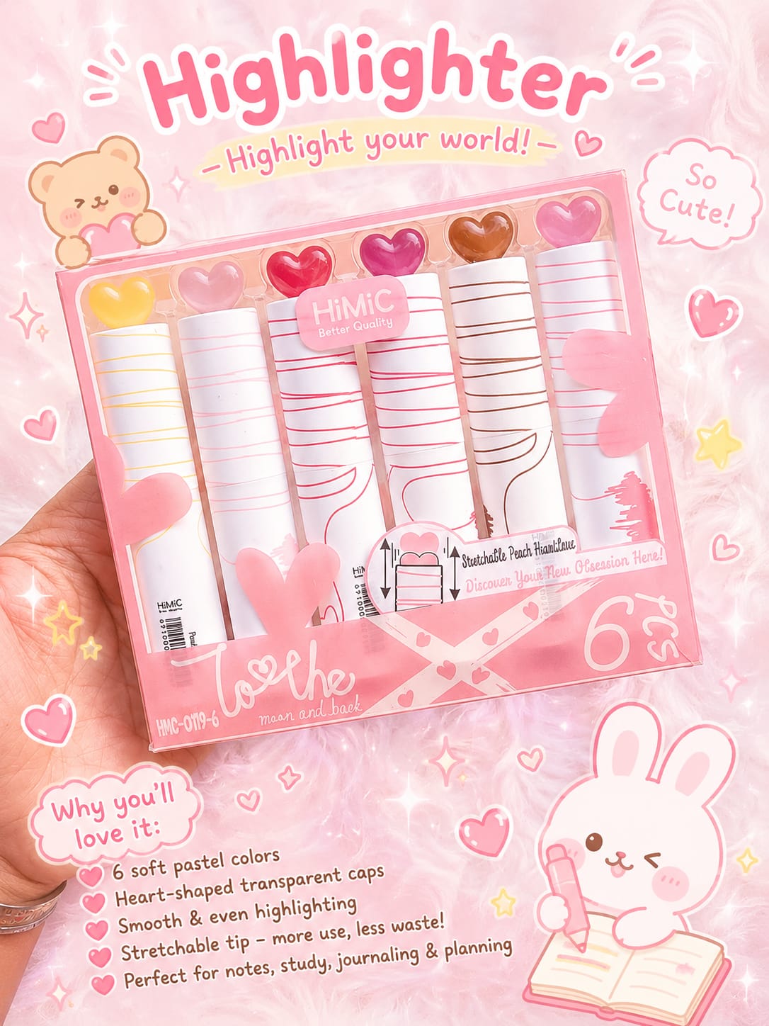 HMC-0119 Pinteresty Highlighter Pen | Peachy Heart | Set of 6 | Pastel