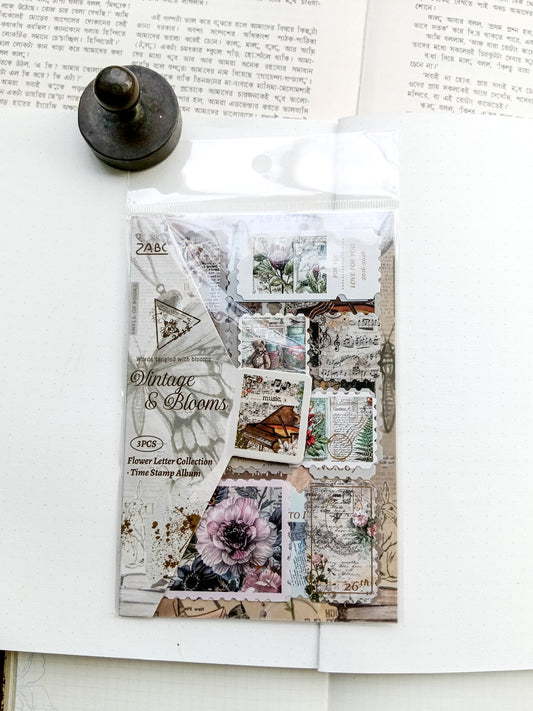 HJSGJ-604 |Vintage & Blooms Flower Letter Collection Time Stamp Sticker Album 3pcs |100* 150mm