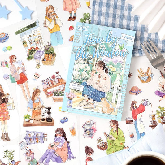 ZZPF2.0-402| Time by the Window Character Sticker Set | 300+ Stickers | Transparent PET Stickers Book | 20 Sheets