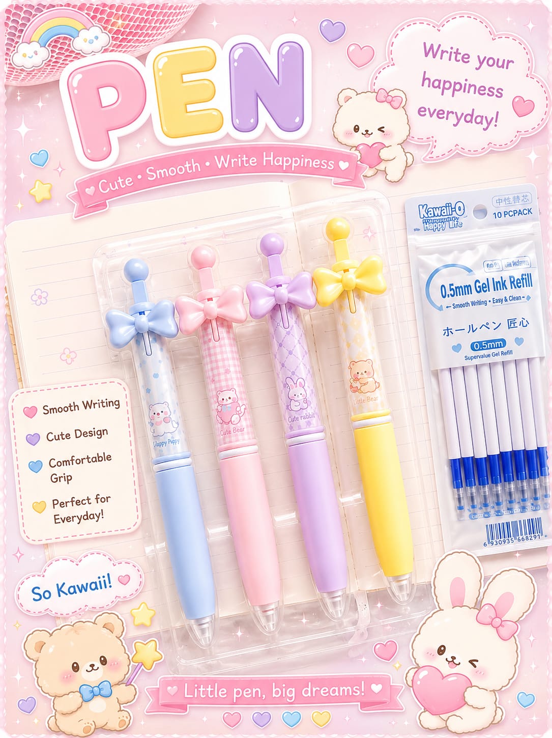 GP-6376 | Kawaii Bear Bow Ink Gel Pens Set | 4Pcs