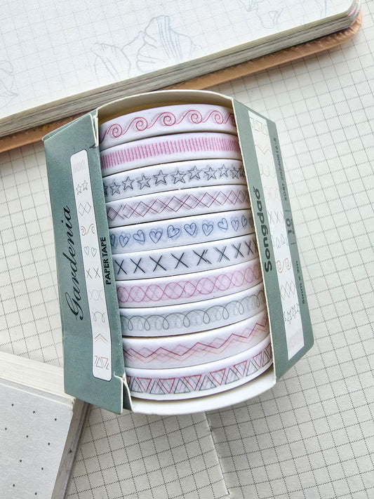 0816-5 Gardenia Thin Washi Tape Set of 10 Washi tapes | Japanese Washi Paper | 2 Meter each |